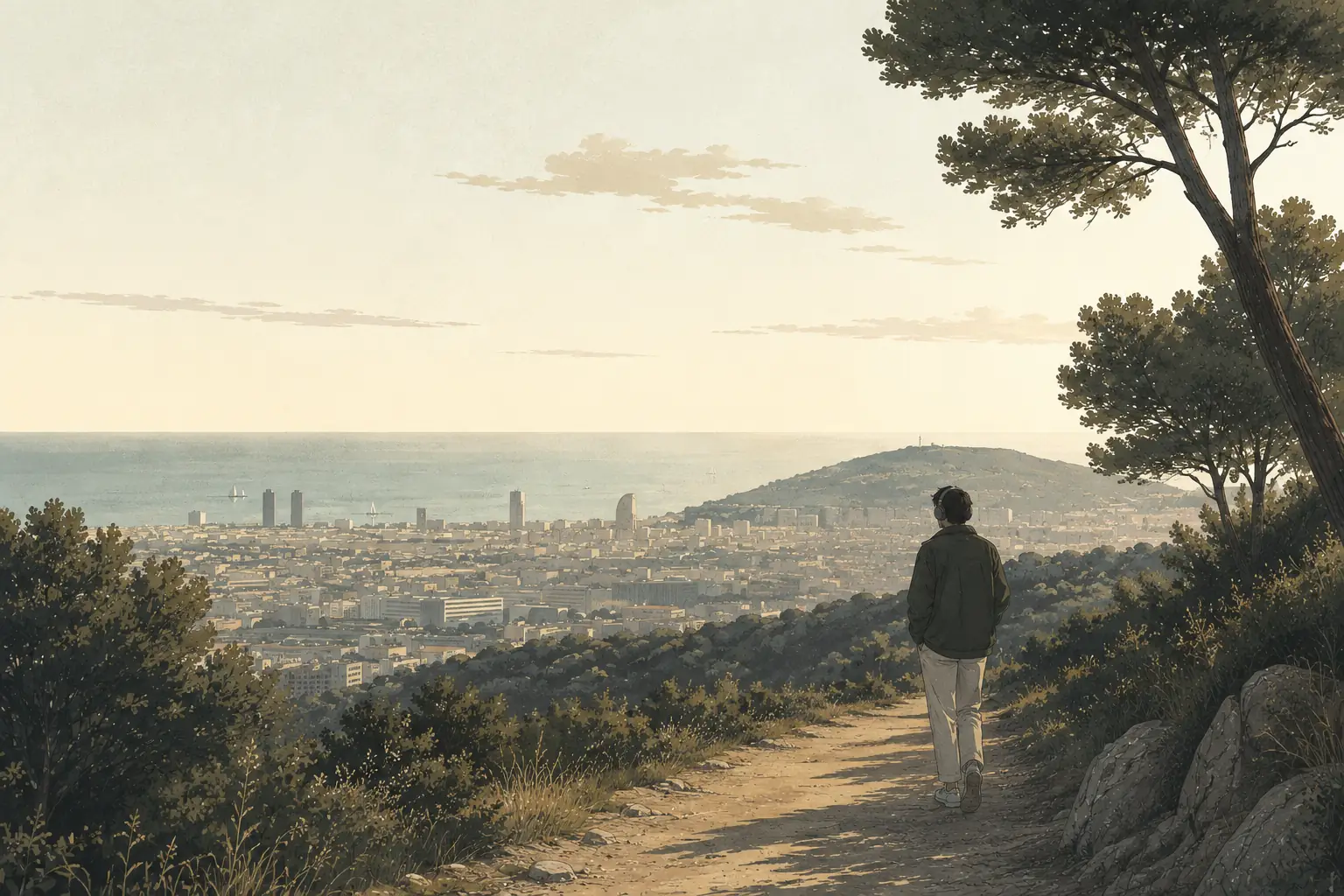 Persona con auriculares camina por un sendero con Barcelona y el mar al fondo.